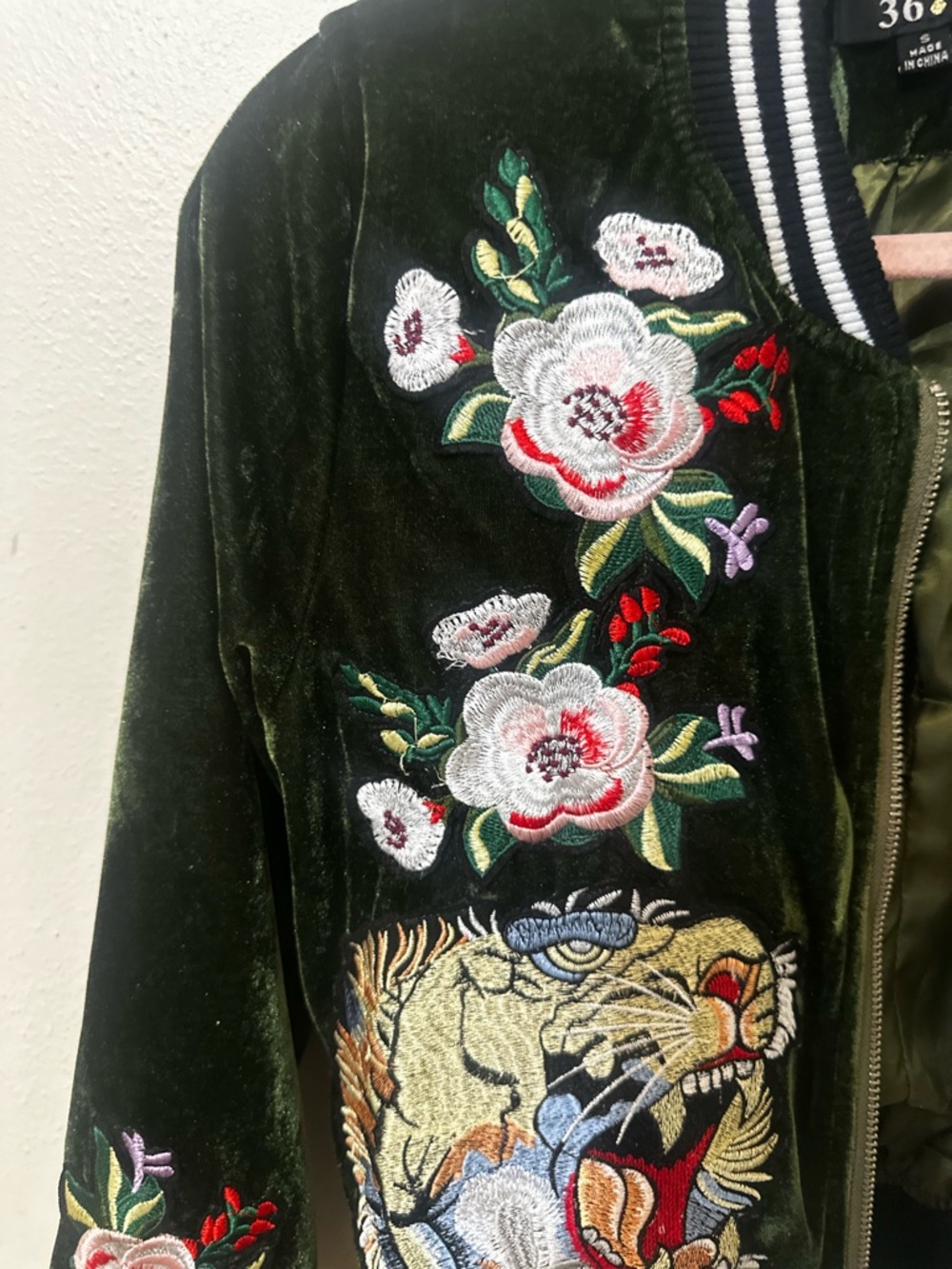 Embroidered Velvet Bomber Jacket - Olive Green Vintage Y2K - Picture 4 of 10
